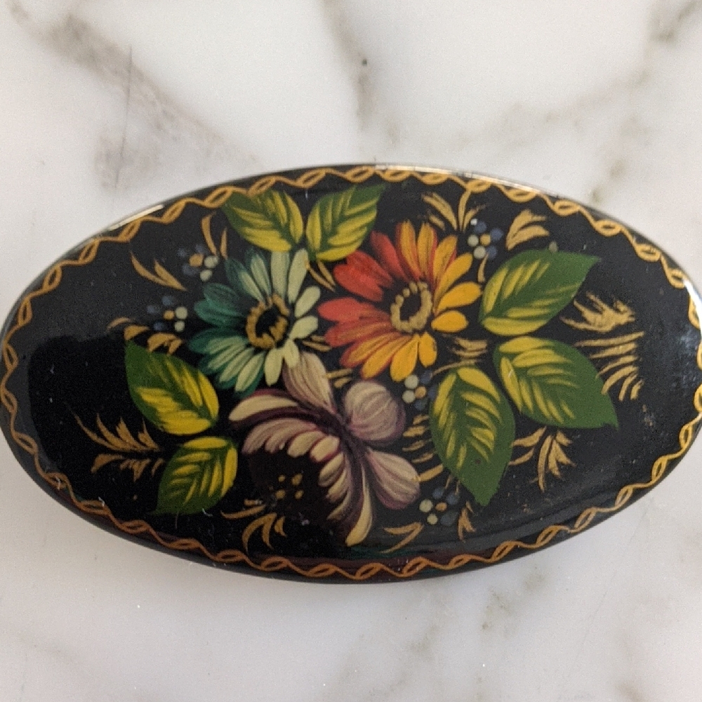 Floral Enamel Brooch with Black and Gold Accents